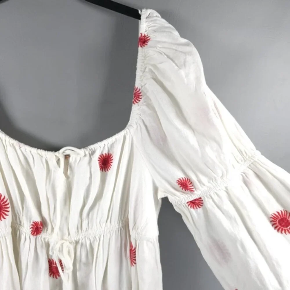 FREE‎ PEOPLE NWOT LINEN Blend EMORY EMBROIDERED MIDI DRESS Slit Side LS IVORY L